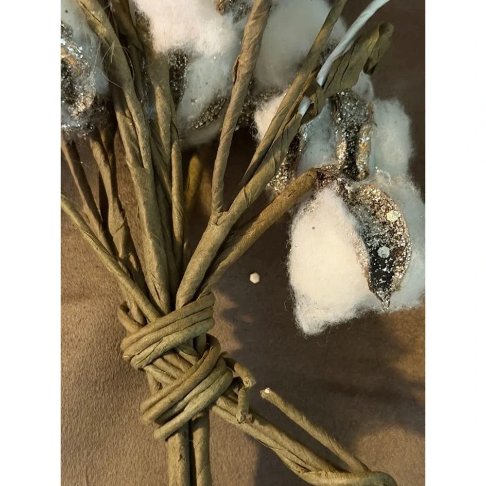 Blooming Holiday Cotton Boll Teardrop Stems Glitter Farmhouse Decor Set of 2 NWT